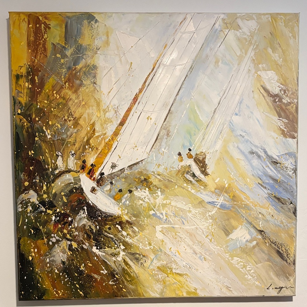 Abstract Sailing Canvas Wall Art in Gold and White